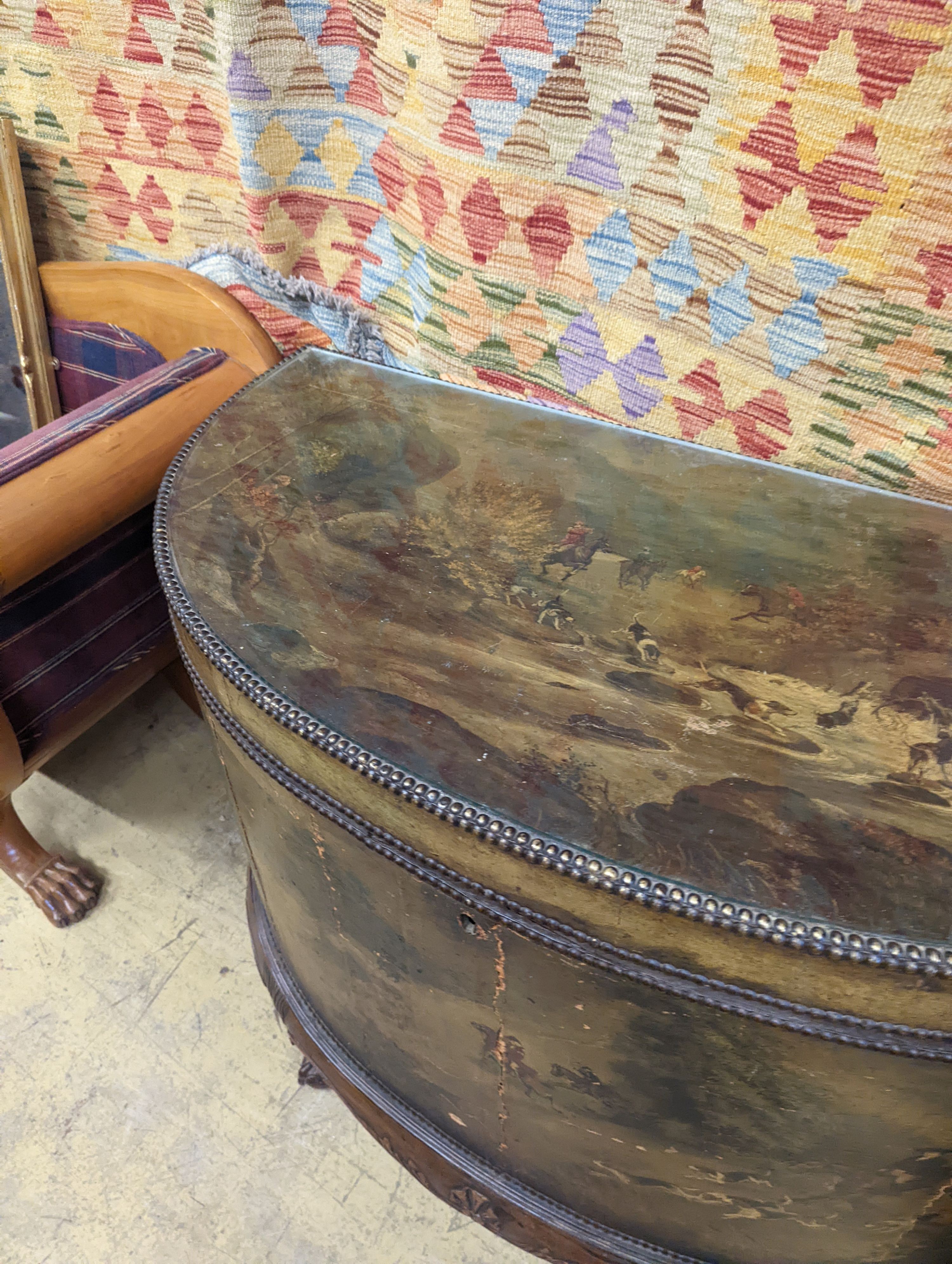 An early 20th century leather covered mahogany D shaped hinged top coffer painted with hunting scenes, length 114cm, depth 53cm, height 91cm